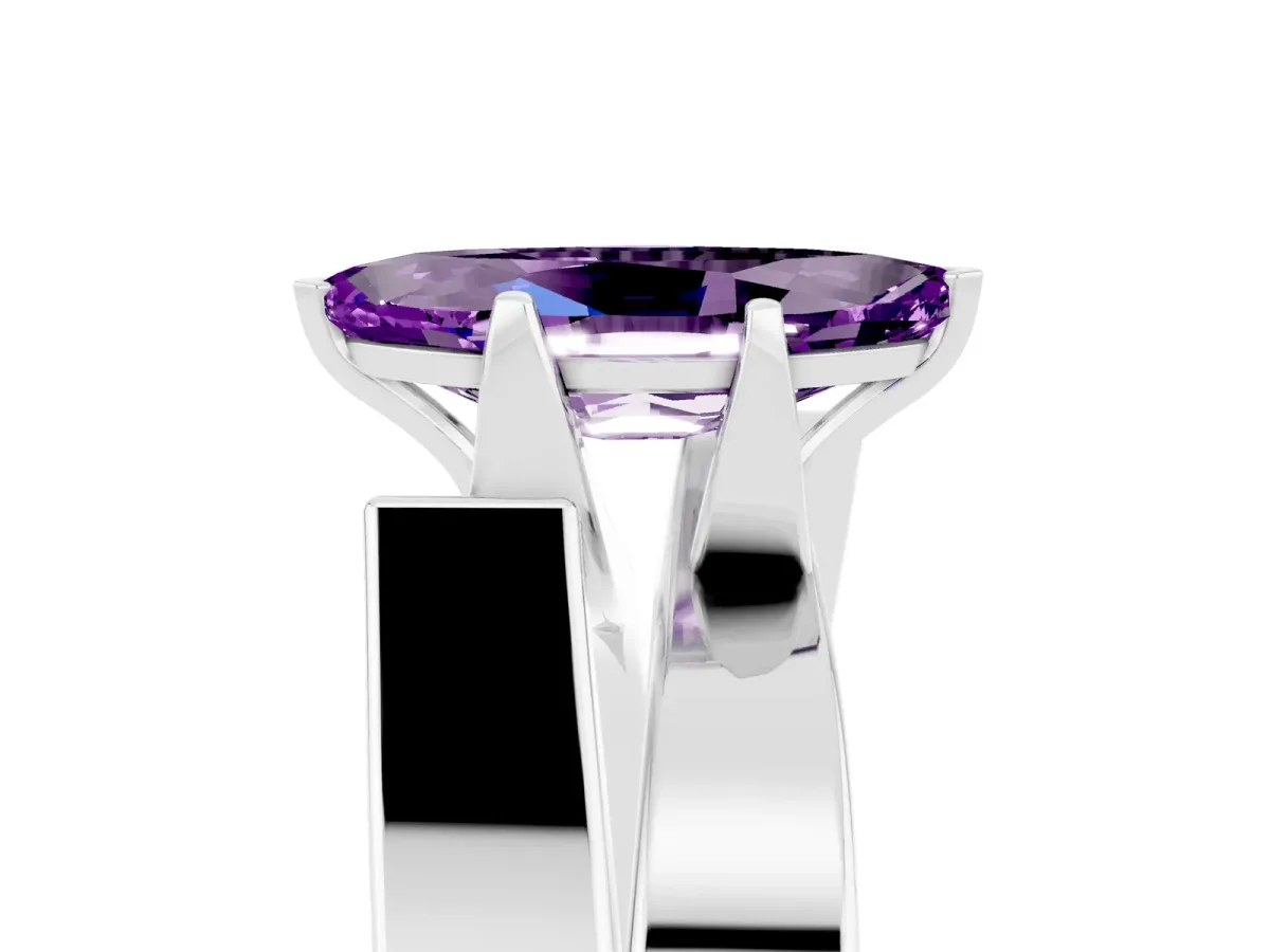 Modern Tension Set Marquise Cut Amethyst Solitaire Wide Band Ring Silver