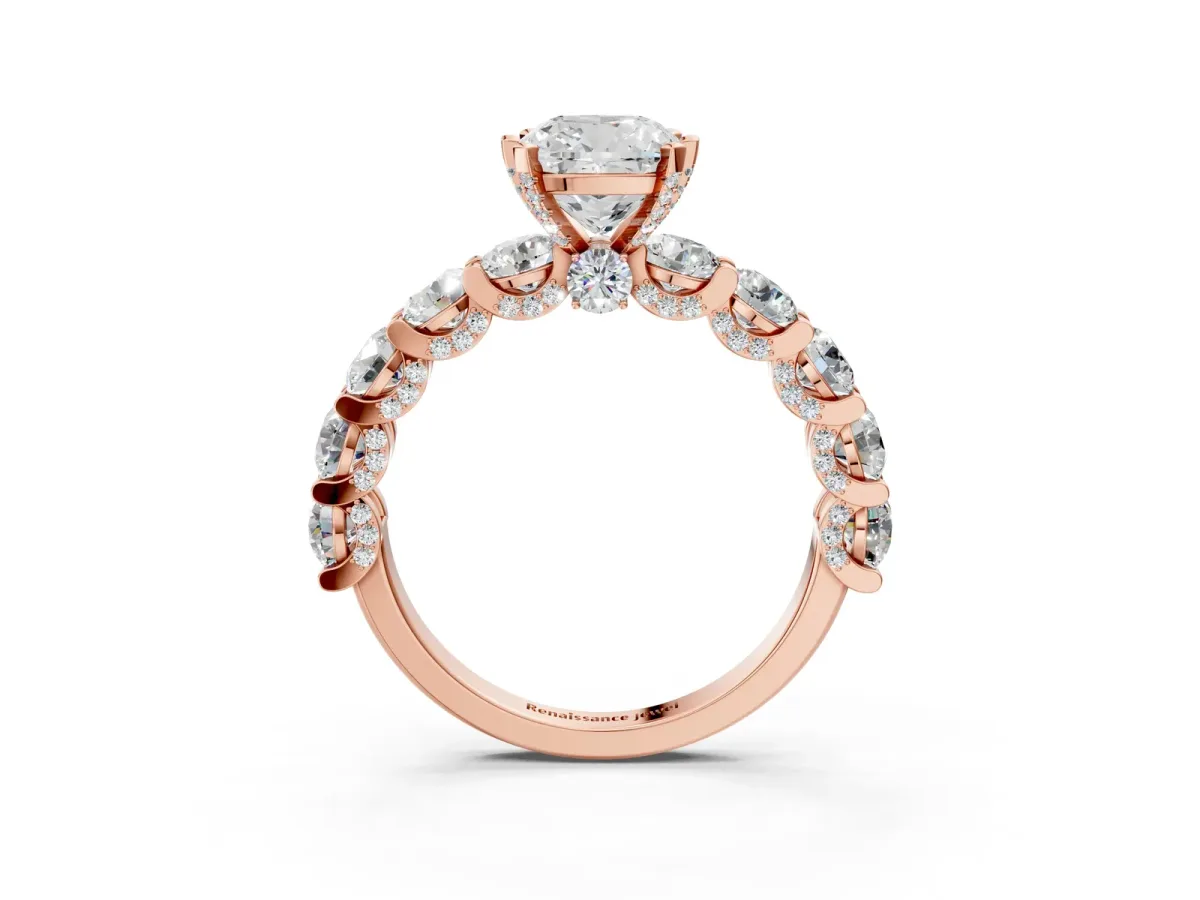 Cushion Cut Diamond Side Stone Engagement Ring with Four-Prong Setting Rose gold
