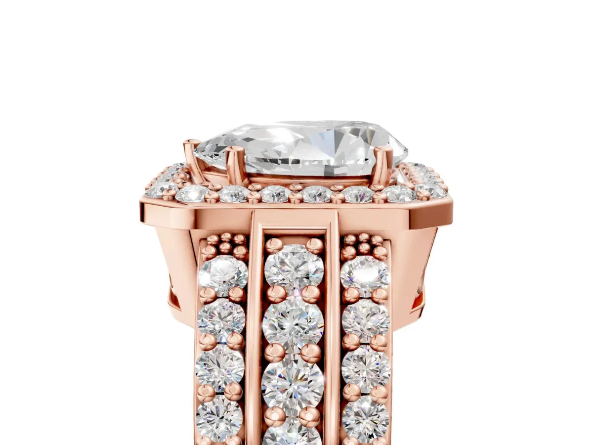 Pear Cut Halo Diamond Ring with Round Split Shank and Prong Setting Rose gold