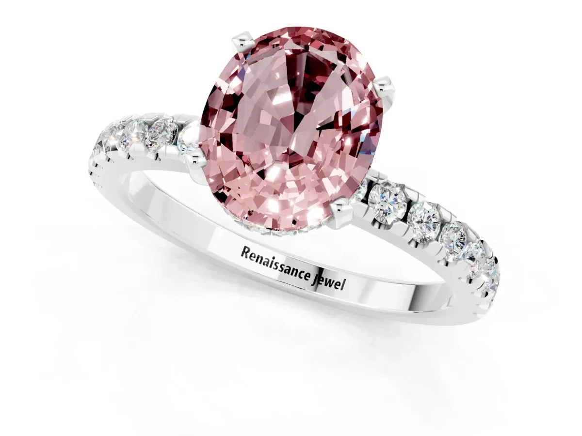 Oval Cut Morganite Solitaire Ring with Round Pavé Band and Four-Prong Setting Silver