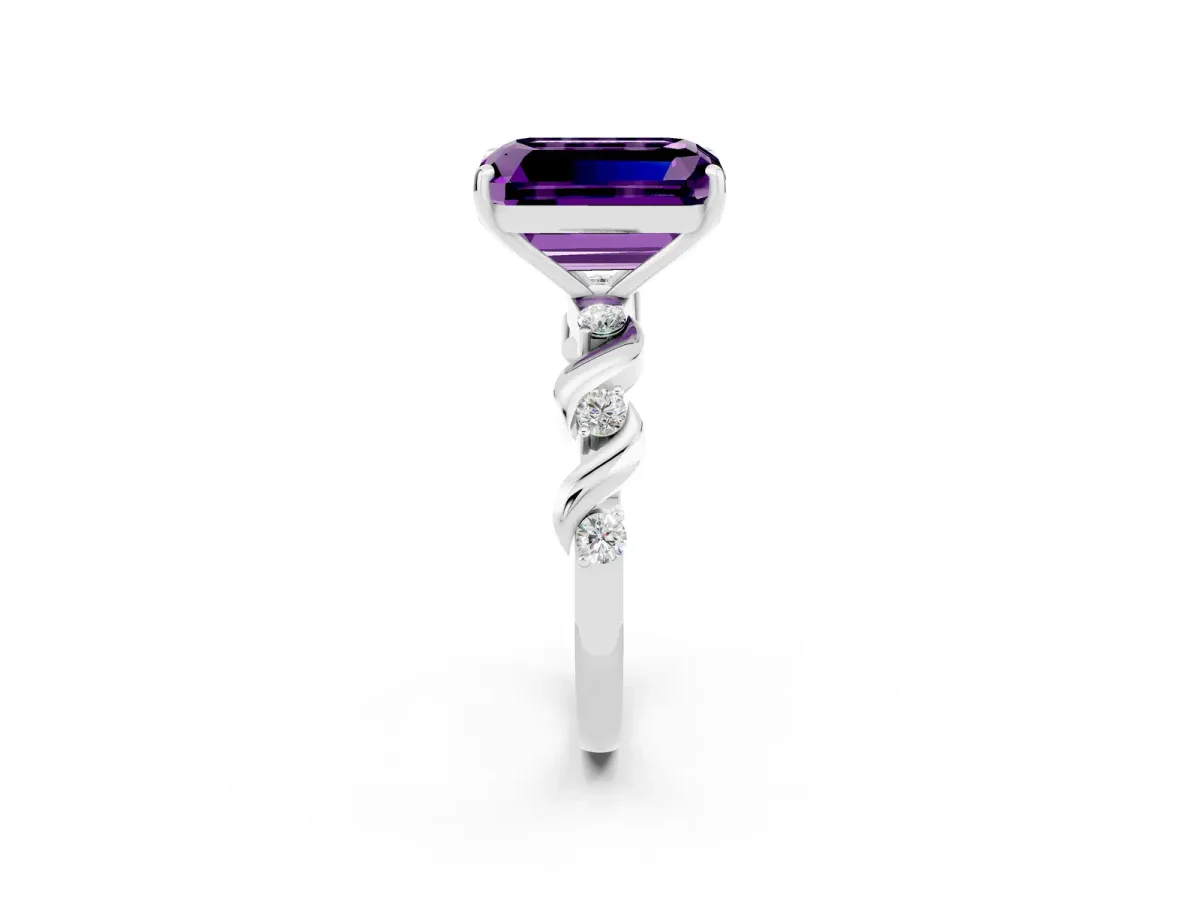 Emerald Cut Amethyst Solitaire Twisted Band with Round Accents and Prong Setting Silver