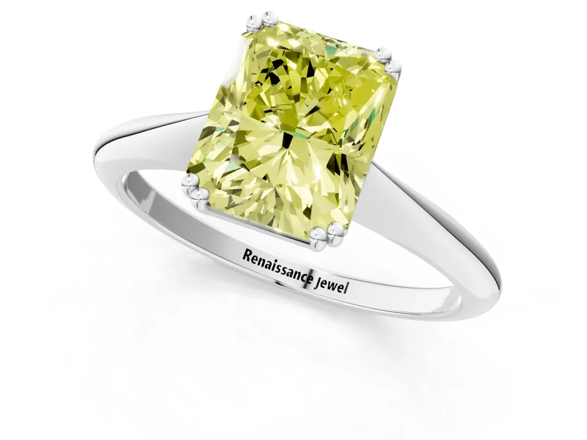 Fancy Yellow Radiant Cut Solitaire Diamond Ring with Six-Prong Setting and Classic Band Platinum