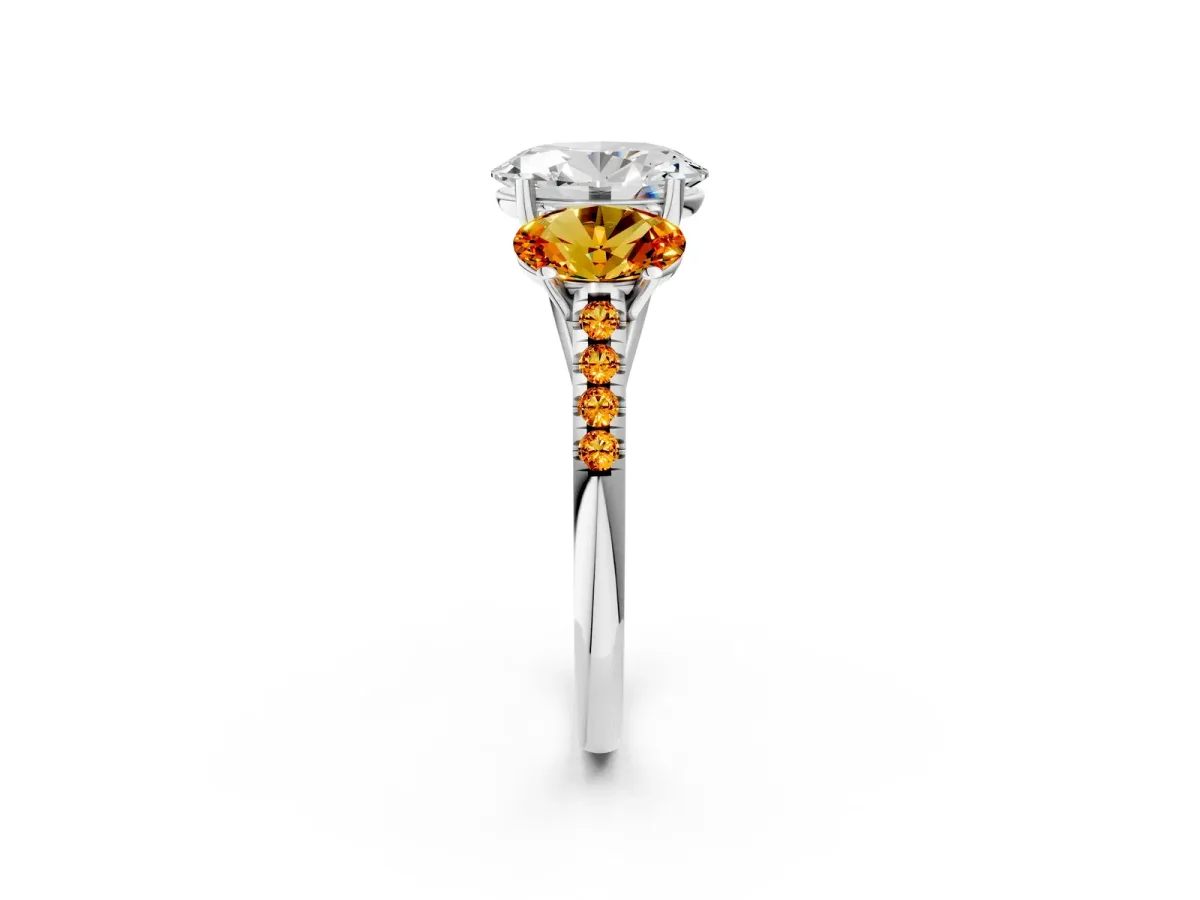 Three-Stone Oval Cut Diamond Ring with Round Citrine Pavé Band and Prong Setting Platinum