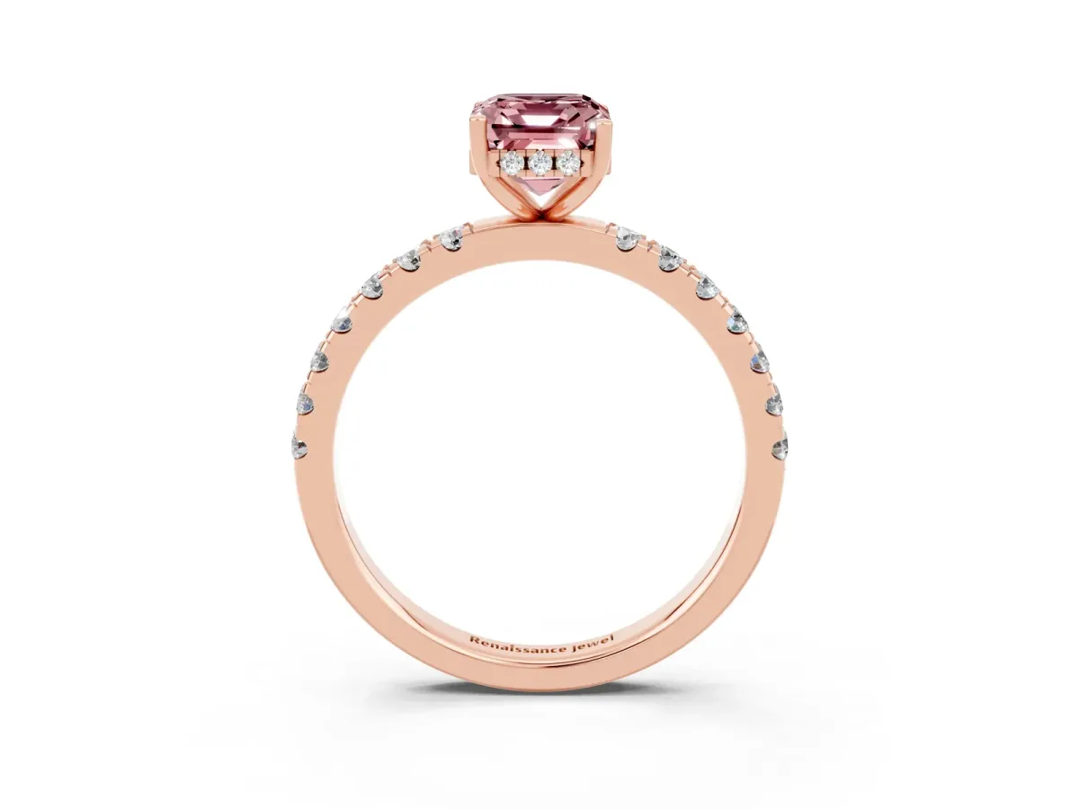 Emerald Cut Morganite Pave Band Solitaire Ring with Round and Prong Setting Rose gold