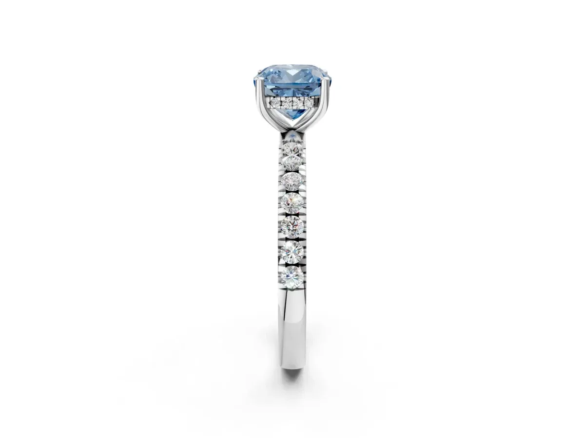 Fancy Blue Cushion Cut Diamond Pave Band Solitaire Ring with Round and Prong Setting Silver