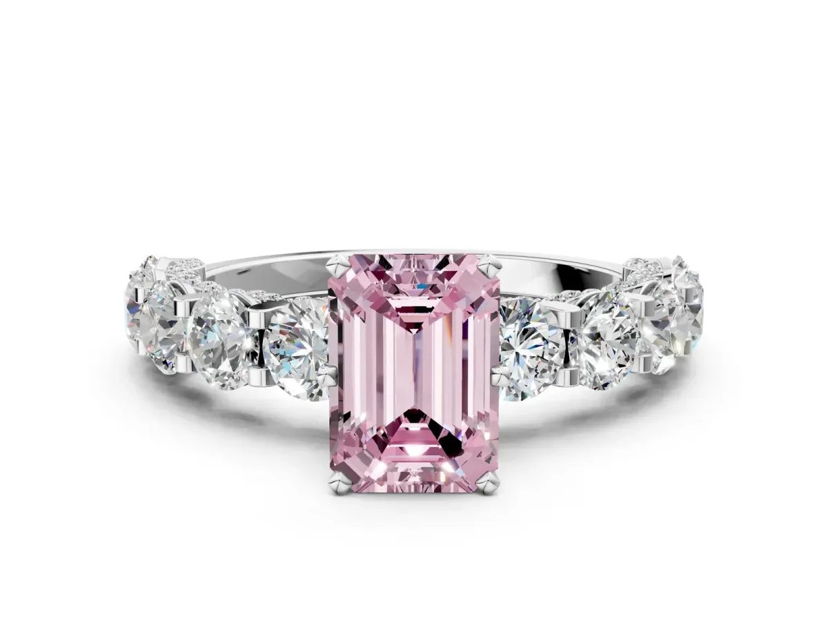 Fancy Pink Emerald Cut Diamond Side Stone Engagement Ring with Four-Prong Setting Silver