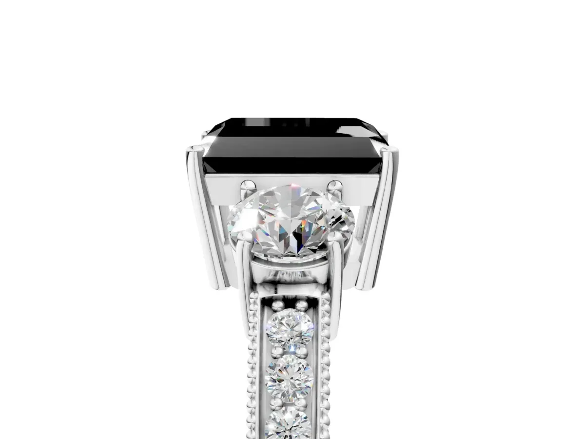 Fancy Black Radiant Cut Three-Stone Diamond Ring with Pavé Band and Four-Prong Setting Platinum