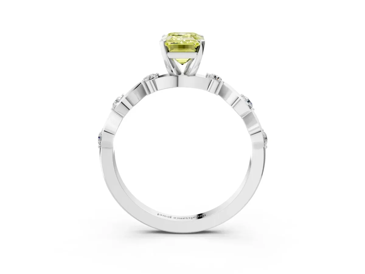 Fancy Yellow Emerald Cut Diamond Solitaire Twisted Band with Round Accents and Prong Setting Silver