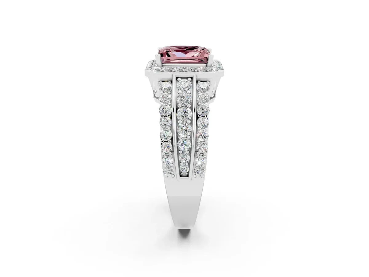 Princess Cut Halo Morganite Ring with Round Split Shank and Prong Setting Silver