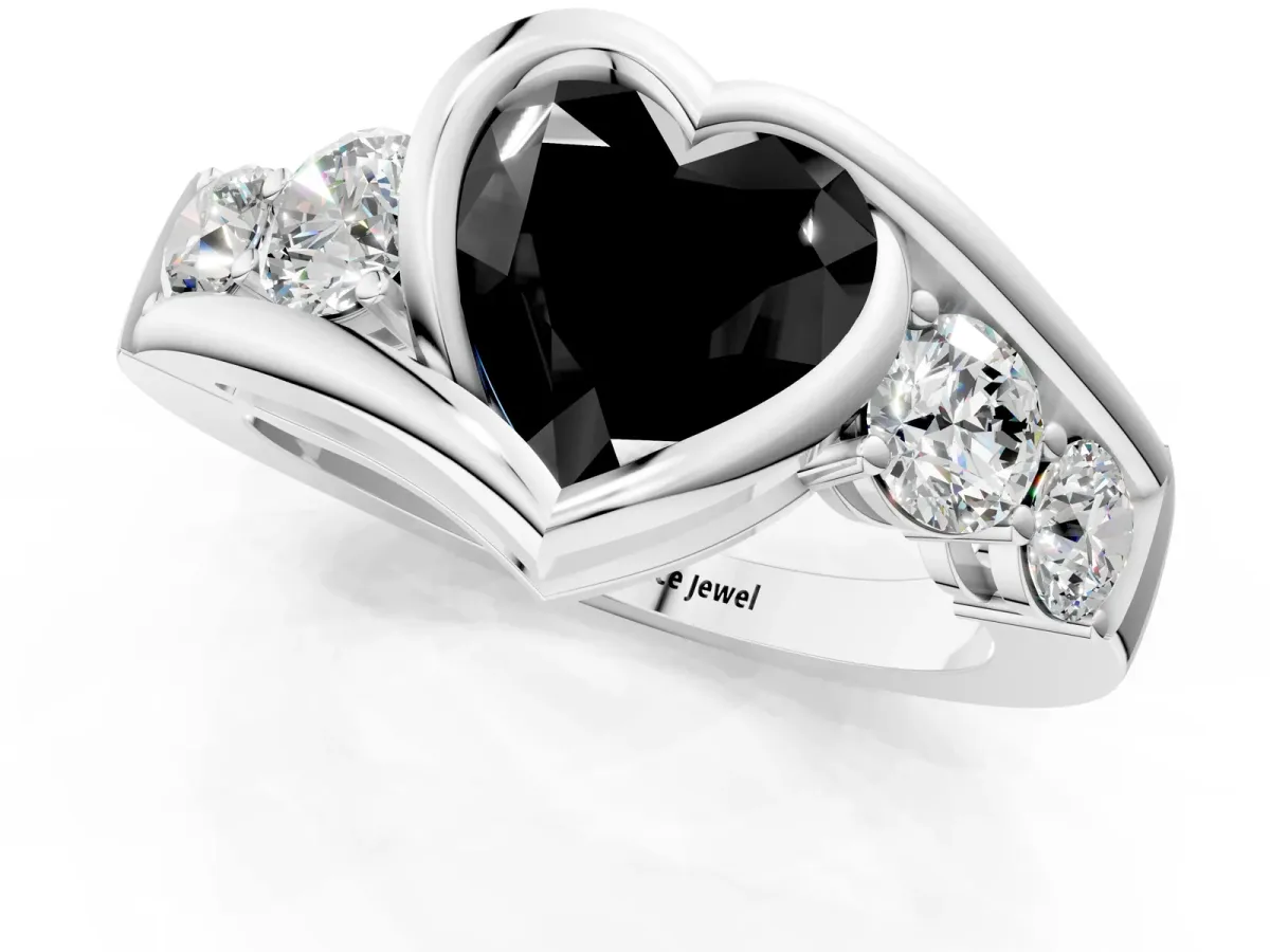 Fancy Black Bezel Set Heart Cut Diamond Bypass Ring with Round Accents Silver