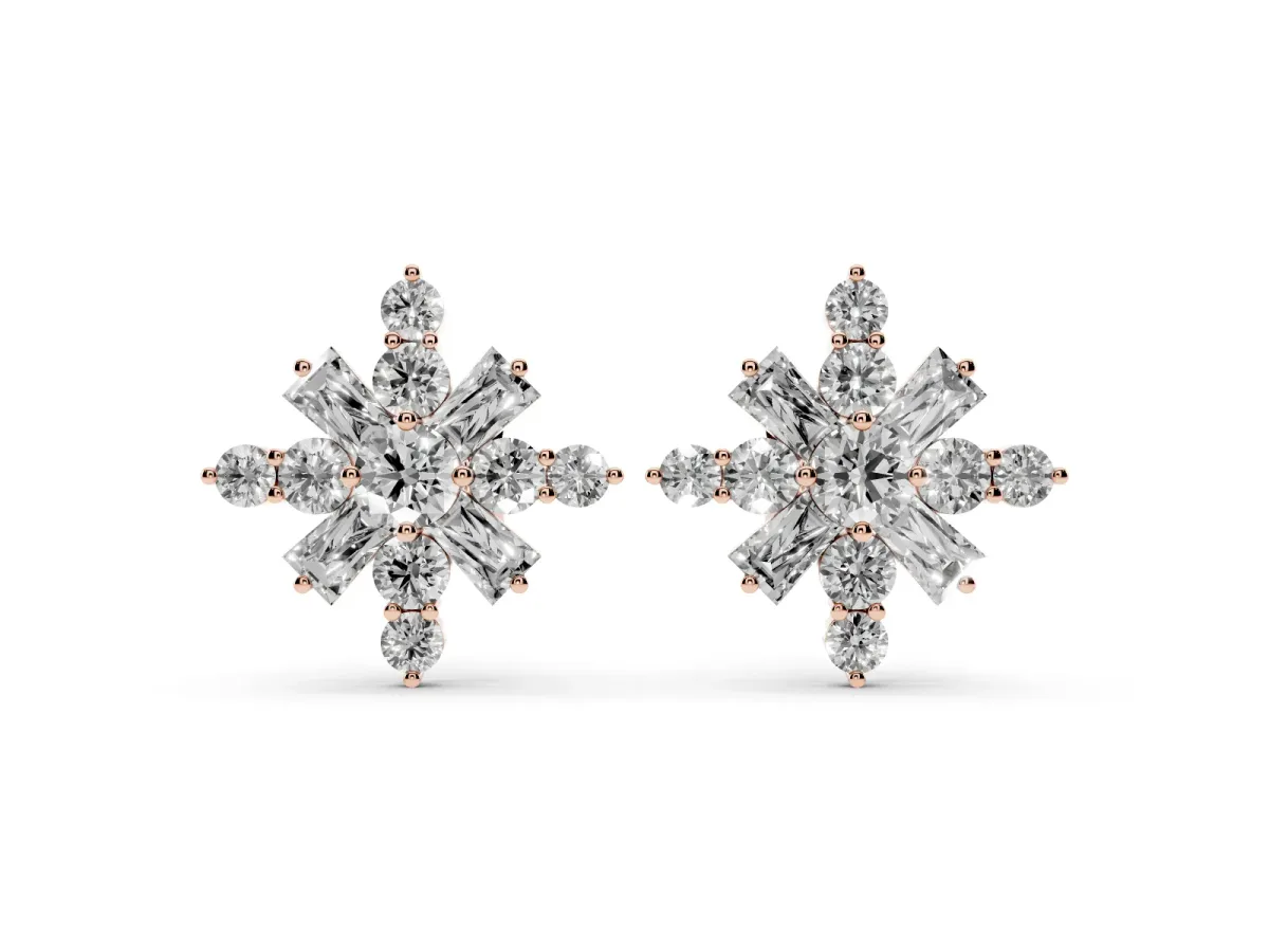 Round Cut Diamond Snowflake Cluster Stud Earrings Rose gold