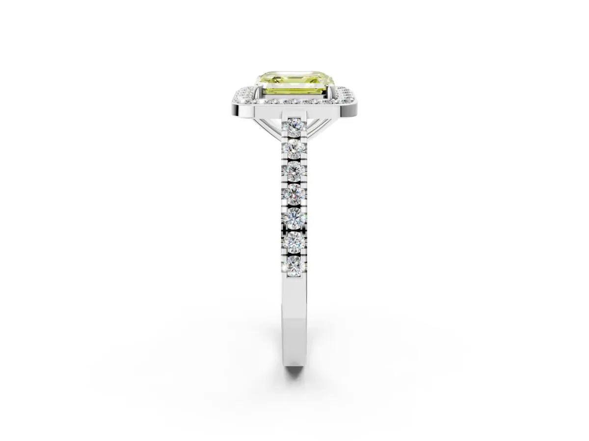 Fancy Yellow Asscher Cut Diamond Halo Ring with Round Pavé Split Shank and Prong Setting Platinum