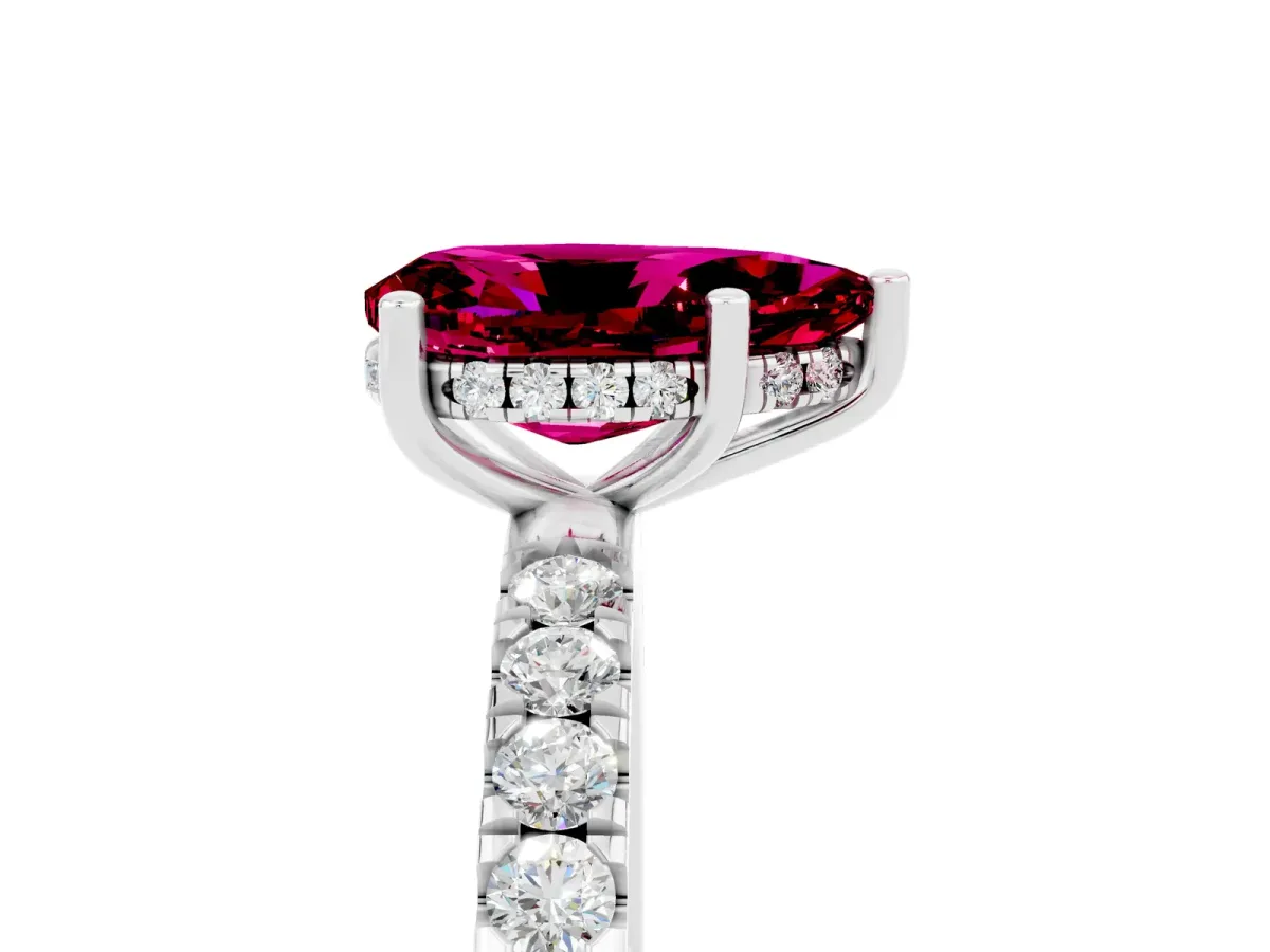 Pear Cut Garnet Pave Band Solitaire Ring with Round and Prong Setting White gold