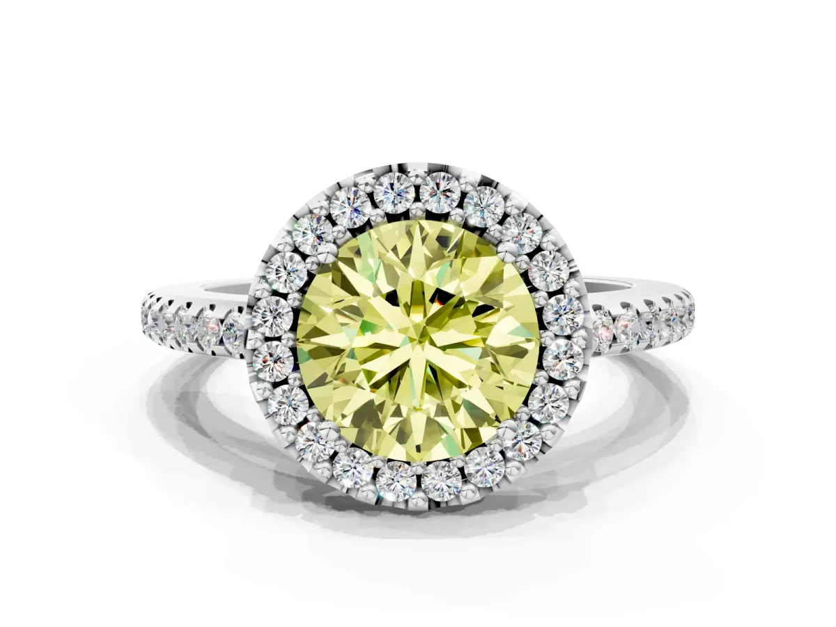 Fancy Yellow Round Cut Diamond Pavé Halo Ring with Four-Prong Setting Platinum