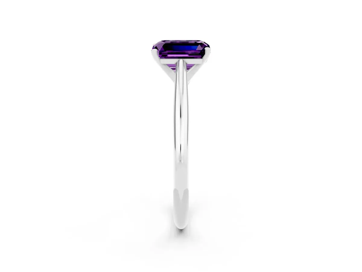 Emerald Cut Amethyst Solitaire Engagement Ring with Cathedral Setting and Four-Prong Mount White gold