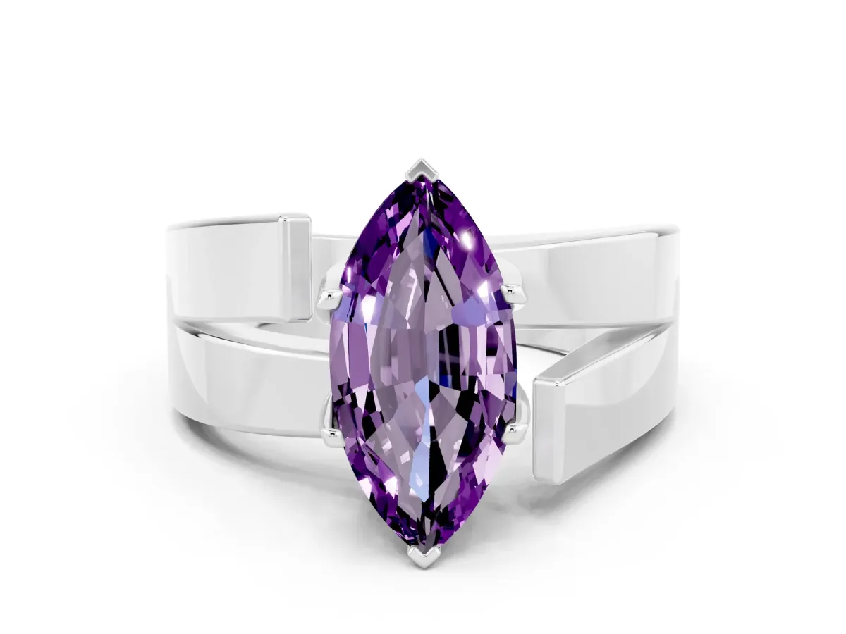 Modern Tension Set Marquise Cut Amethyst Solitaire Wide Band Ring Silver