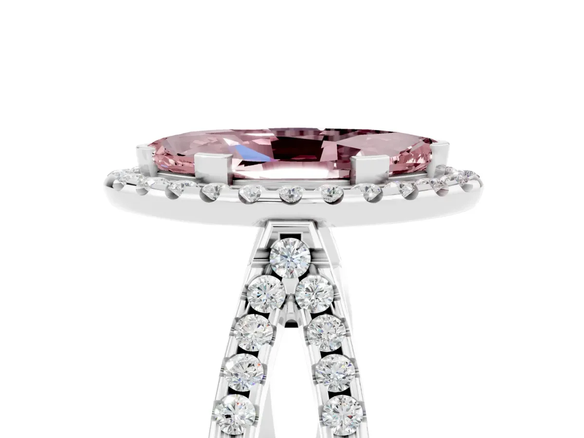 Marquise Cut Morganite Halo Ring with Split Shank Pavé Band and Prong Setting Silver