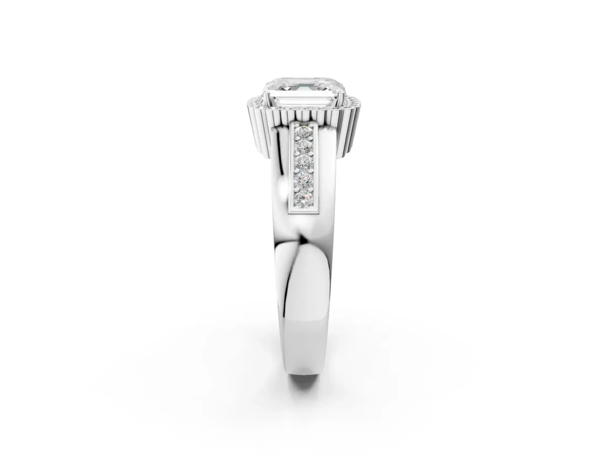 Asscher Cut Cut Halo Pave Band Four-Prong Ring Platinum