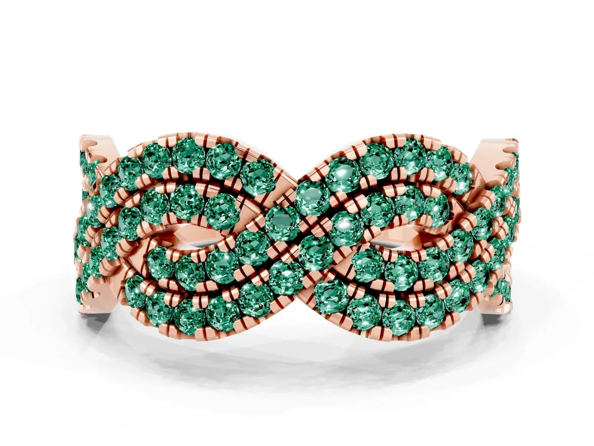Pavé Round Green Sapphire Infinity Twist Band with Shared Prong Setting Rose gold