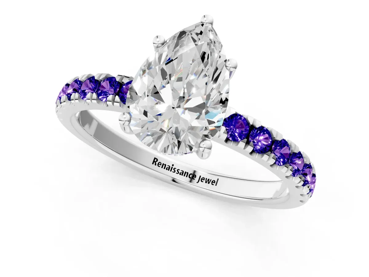 Pear Cut Diamond Pave Band Solitaire Ring with Round Tanzanite and Prong Setting Platinum