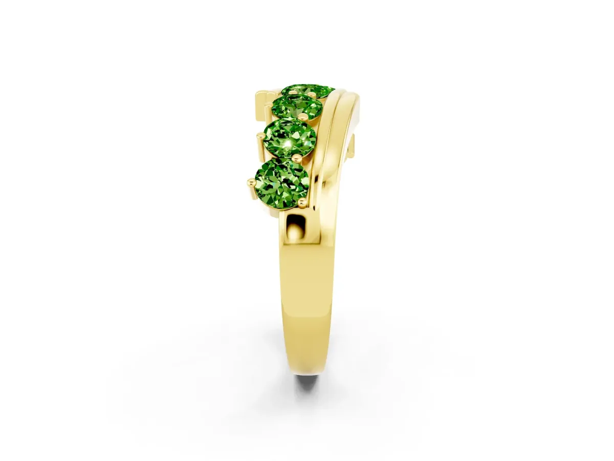 Round Peridot Wave Band with Channel and Shared Prong Setting Yellow gold