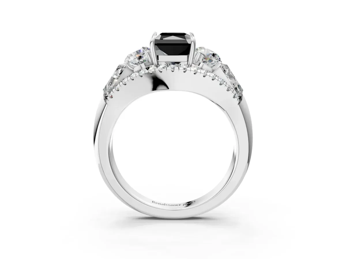 Fancy Black Three-Stone Radiant Cut Diamond Engagement Ring with Pave Band and Prong Setting Platinum