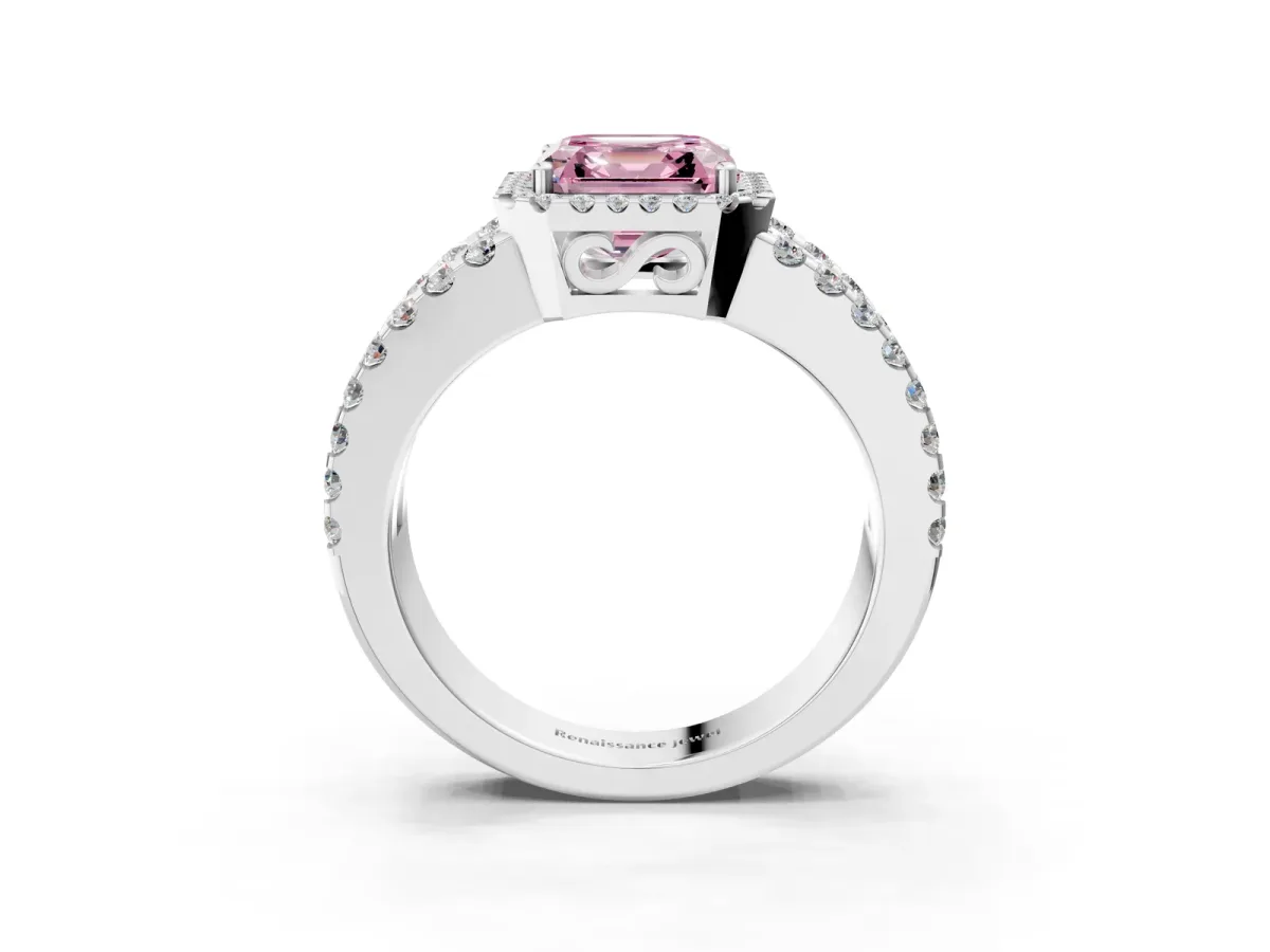 Fancy Pink Asscher Cut Cut Halo Split Shank Diamond Ring with Four-Prong Setting Platinum