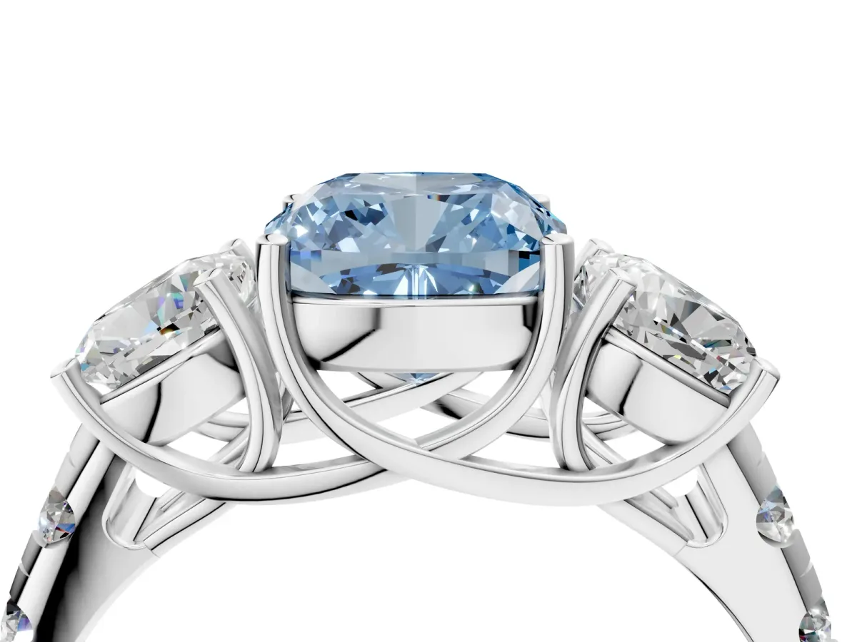 Fancy Blue Three-Stone Cushion Cut Diamond Pavé Band with Prong Setting Platinum