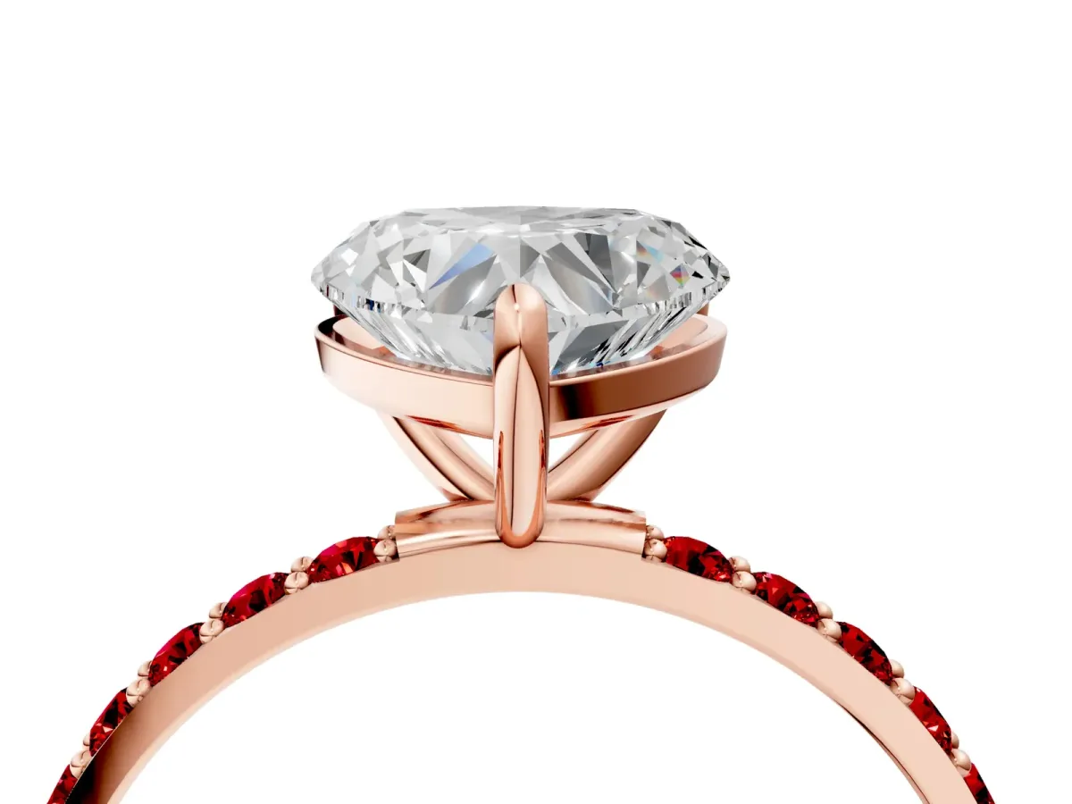 Heart Cut Diamond Solitaire Ring with Round Ruby Pavé Band and Prong Setting Rose gold