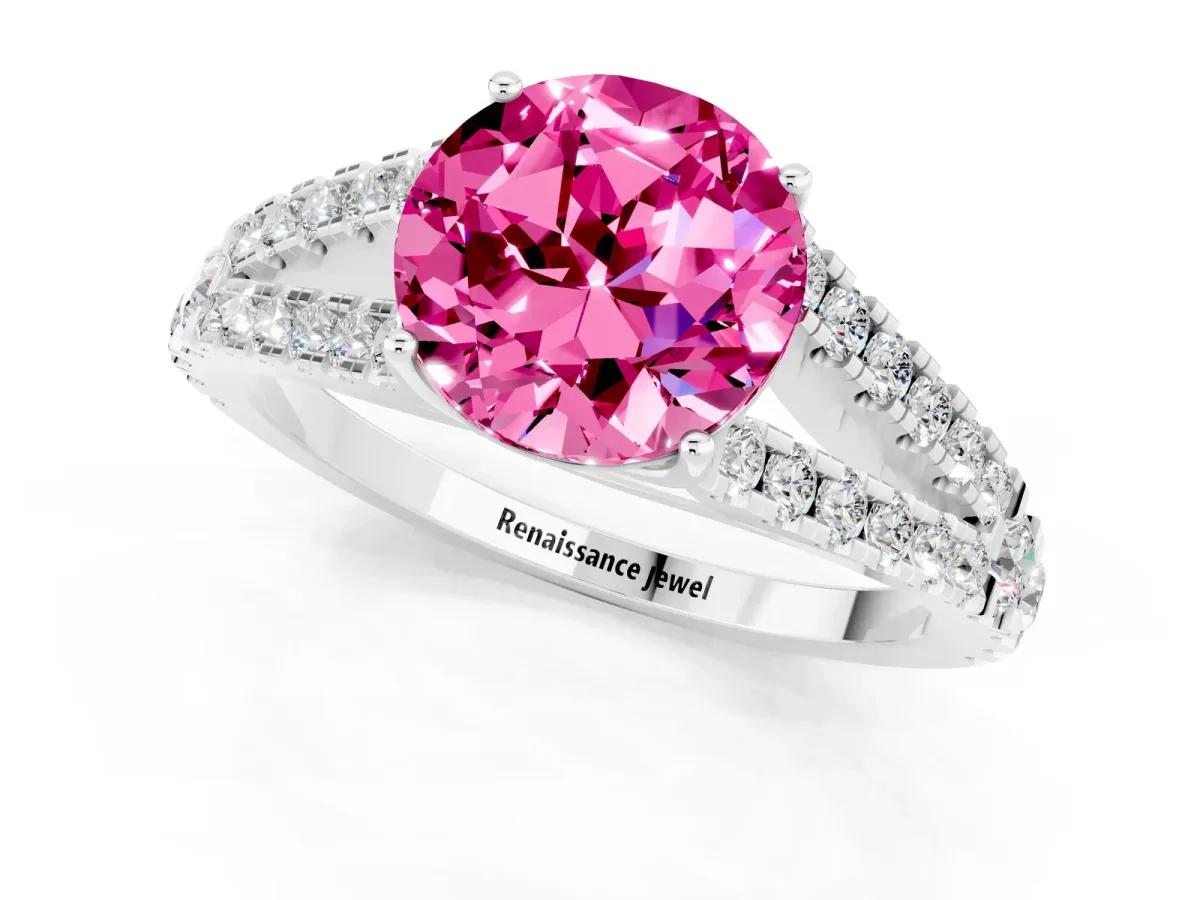 Round Cut Pink Sapphire Split Shank Engagement Ring with Round Pavé and Prong Setting Platinum
