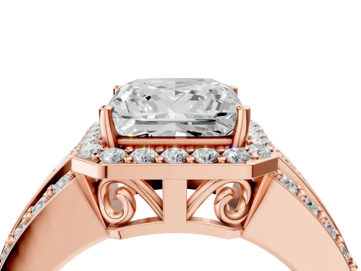 Princess Cut Halo Diamond Ring with Round Split Shank and Prong Setting Rose gold