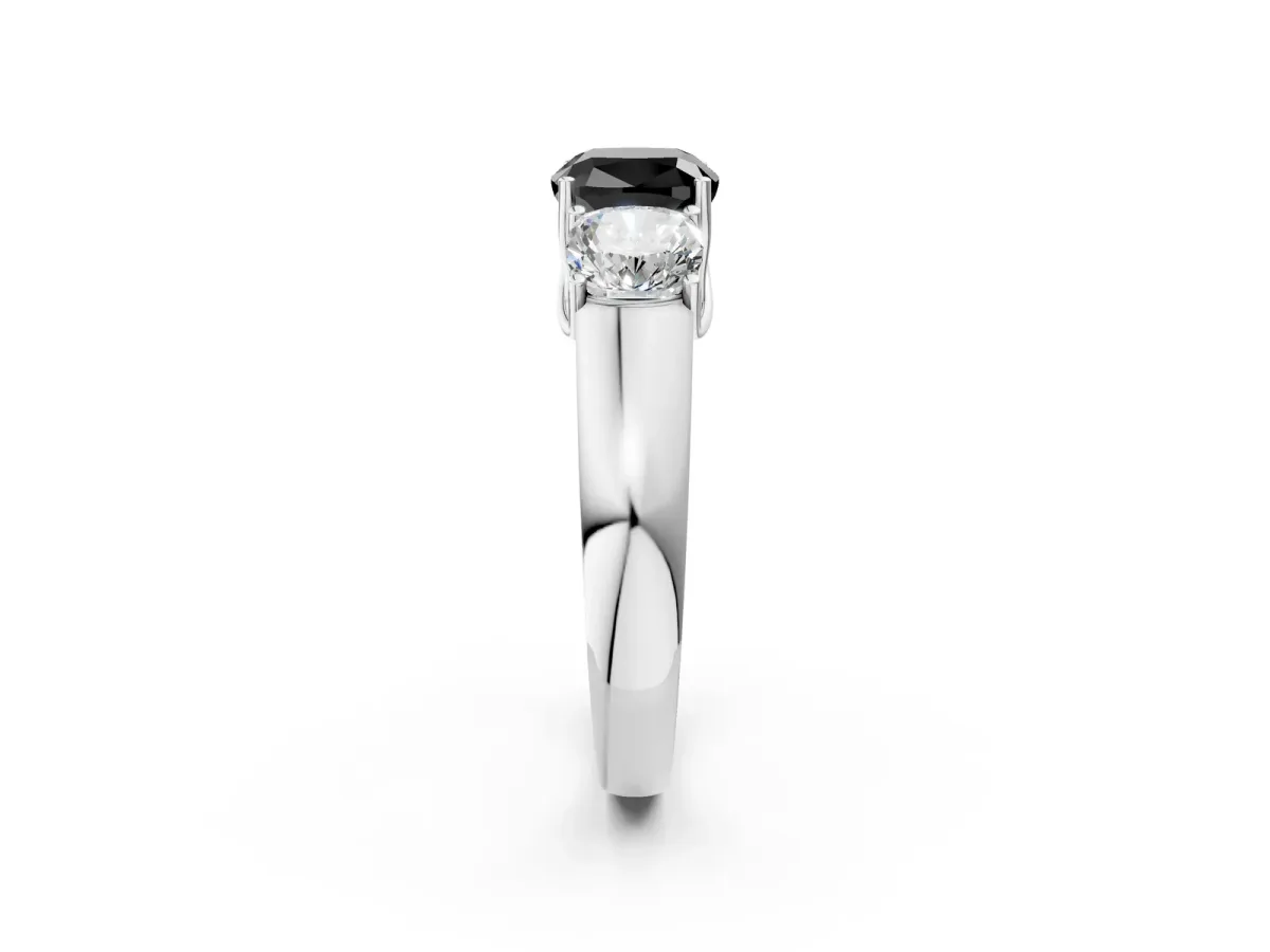 Fancy Black Three-Stone Cushion Cut Cut Diamond Ring with Prong Setting and Classic Band White gold