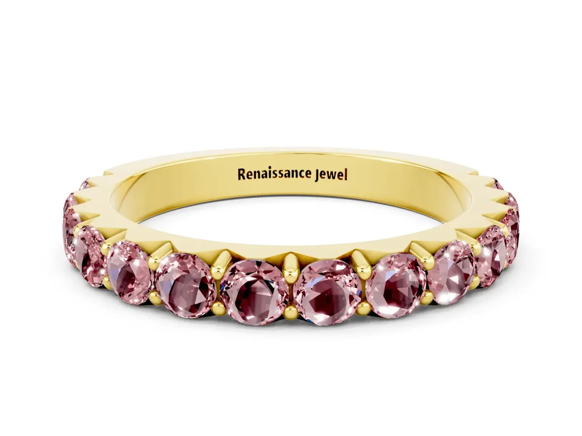 Round Morganite Half Eternity Band with Classic Prong Setting Yellow gold