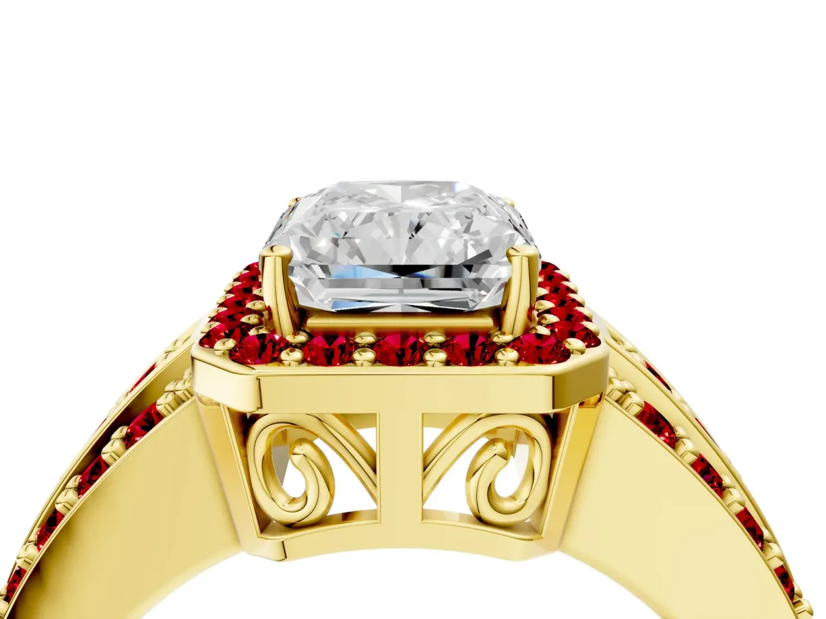 Radiant Cut Halo Diamond Ring with Round Ruby Split Shank and Prong Setting Yellow gold