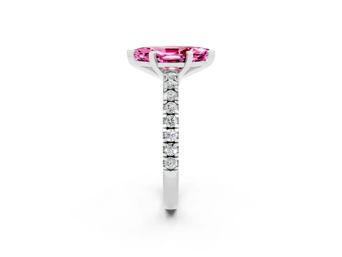 Marquise Cut Solitaire Pink Sapphire with Pavé Band and Four-Prong Setting Silver