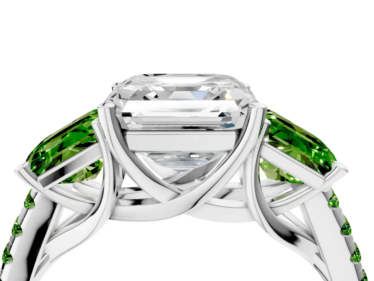 Three-Stone Asscher Cut Diamond Ring with Round Peridot Pavé Band and Prong Setting Silver