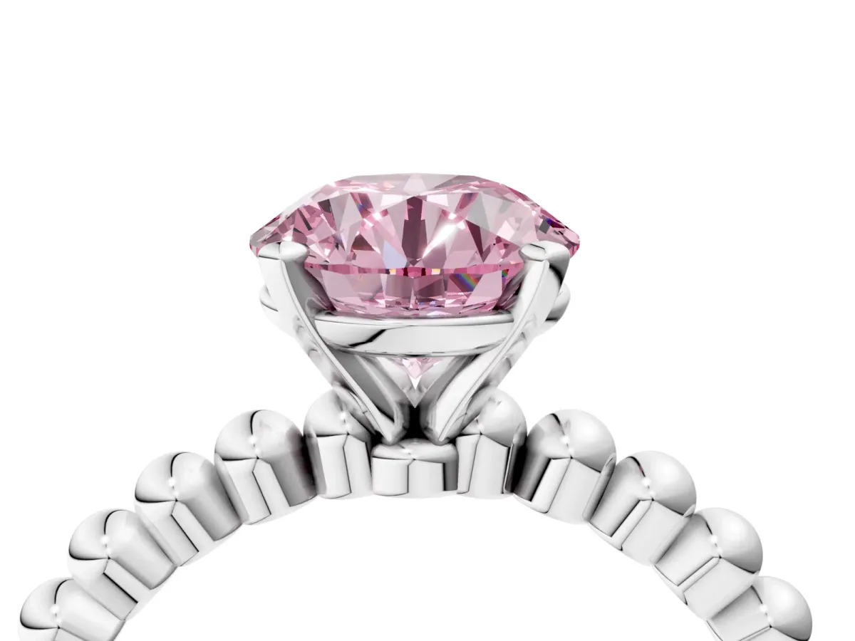 Fancy Pink Round Cut Diamond Solitaire Ring with Beaded Band and Prong Setting Platinum