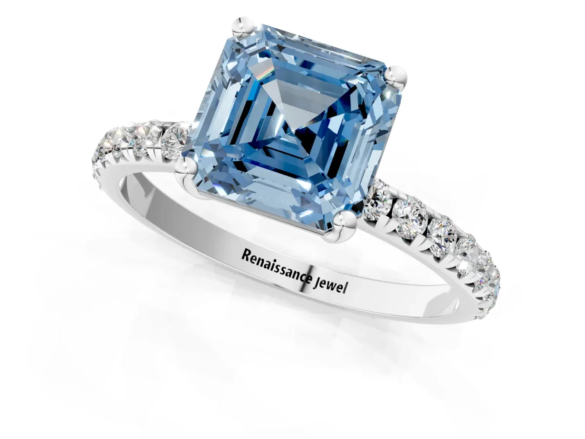 Fancy Blue Asscher Cut Cut Diamond Solitaire Ring with Micro Pave Band and Four Prong Setting Platinum