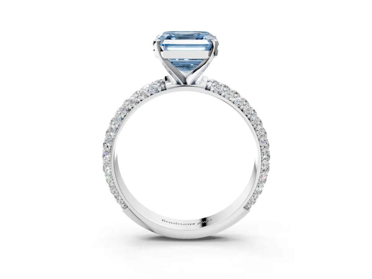 Fancy Blue Asscher Cut Diamond Solitaire Ring with Prong Setting and Pavé Band Platinum