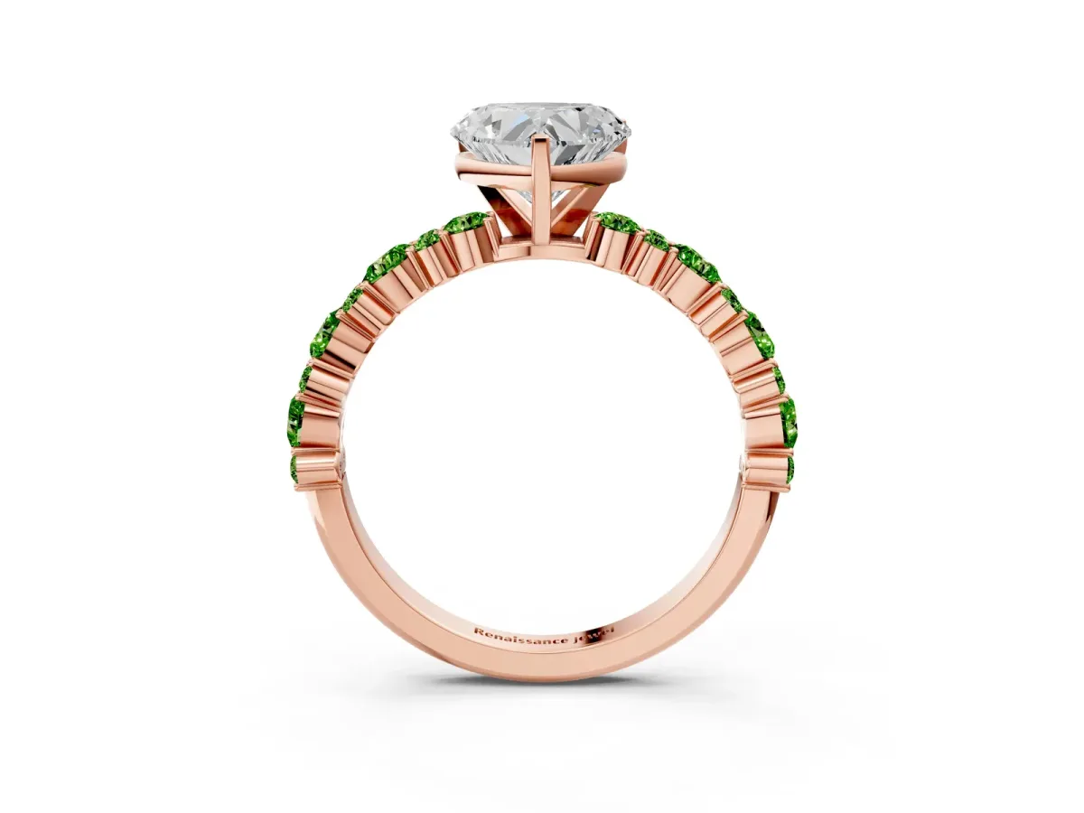 Heart Cut Diamond Side Stone Solitaire Ring with Round Peridot and Four-Prong Setting Rose gold