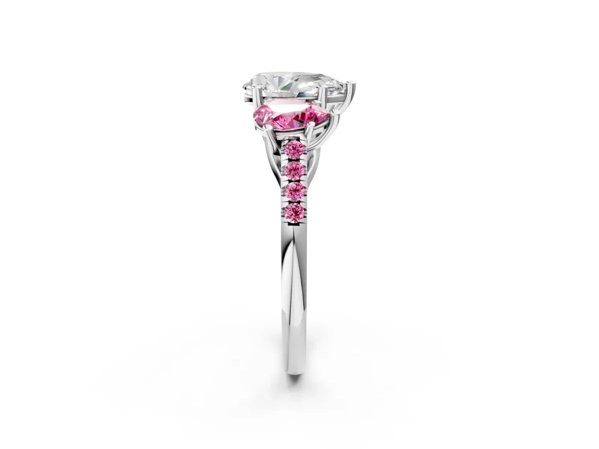 Three-Stone Pear Cut Diamond Ring with Round Pink Sapphire Pavé Band and Prong Setting Silver
