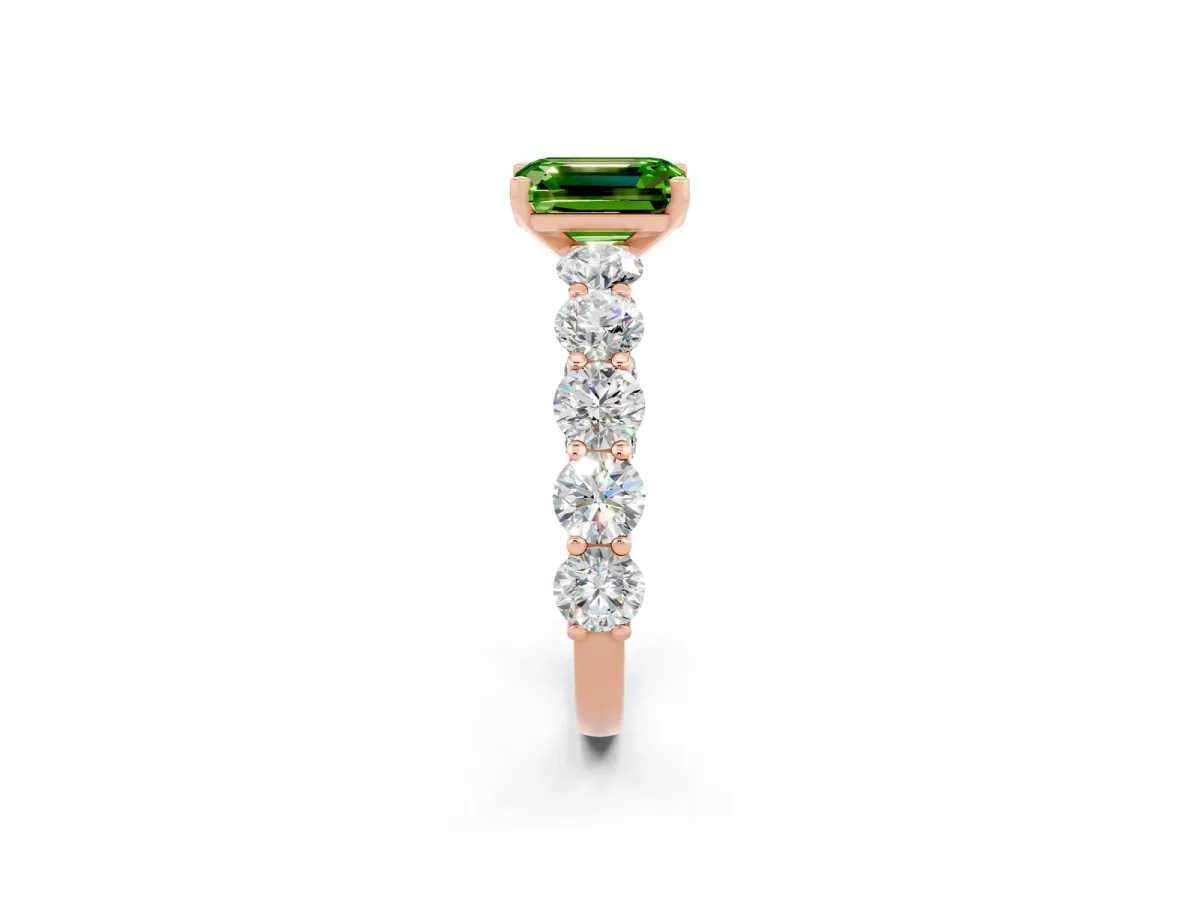 Emerald Cut Peridot Prong Setting with Side Stones on a Pave Band Rose gold