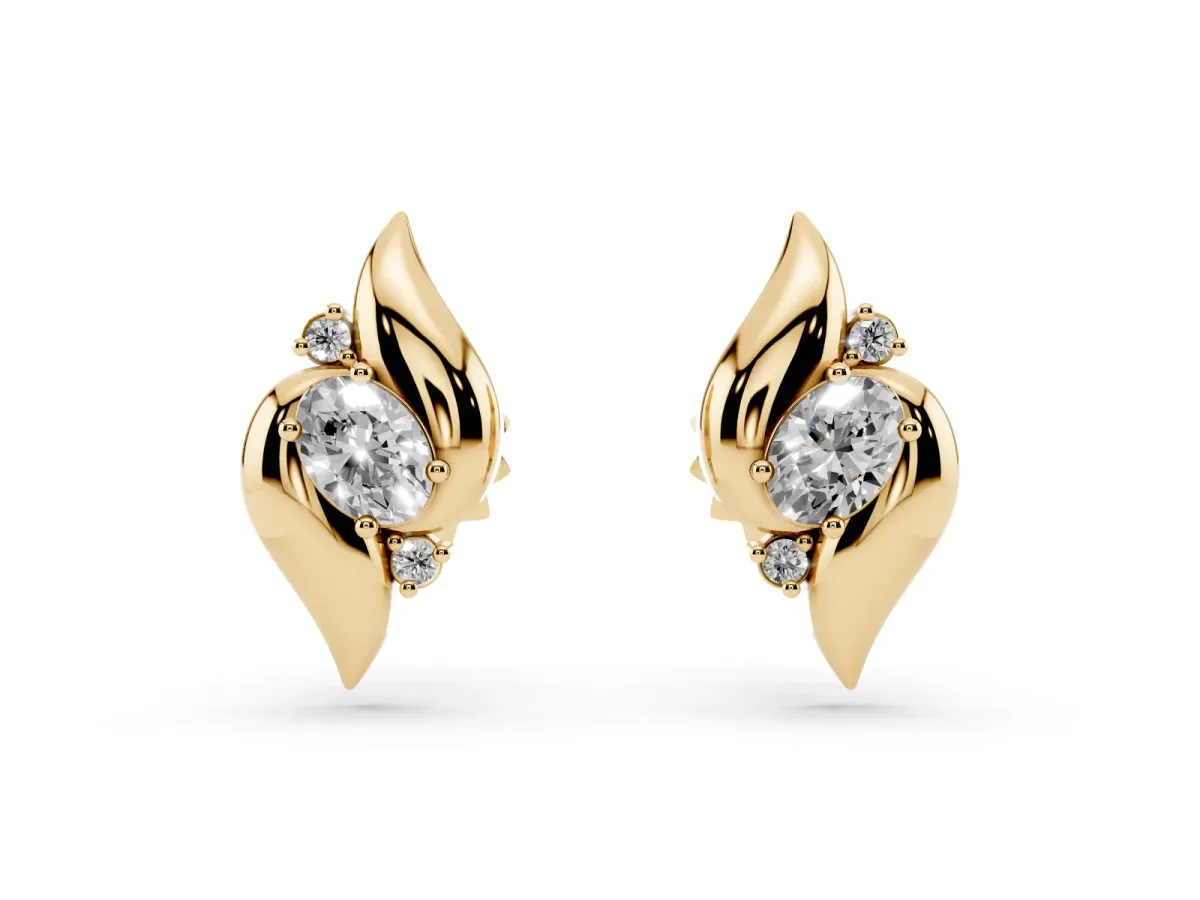 Oval Diamond Shell Stud Earrings Yellow gold
