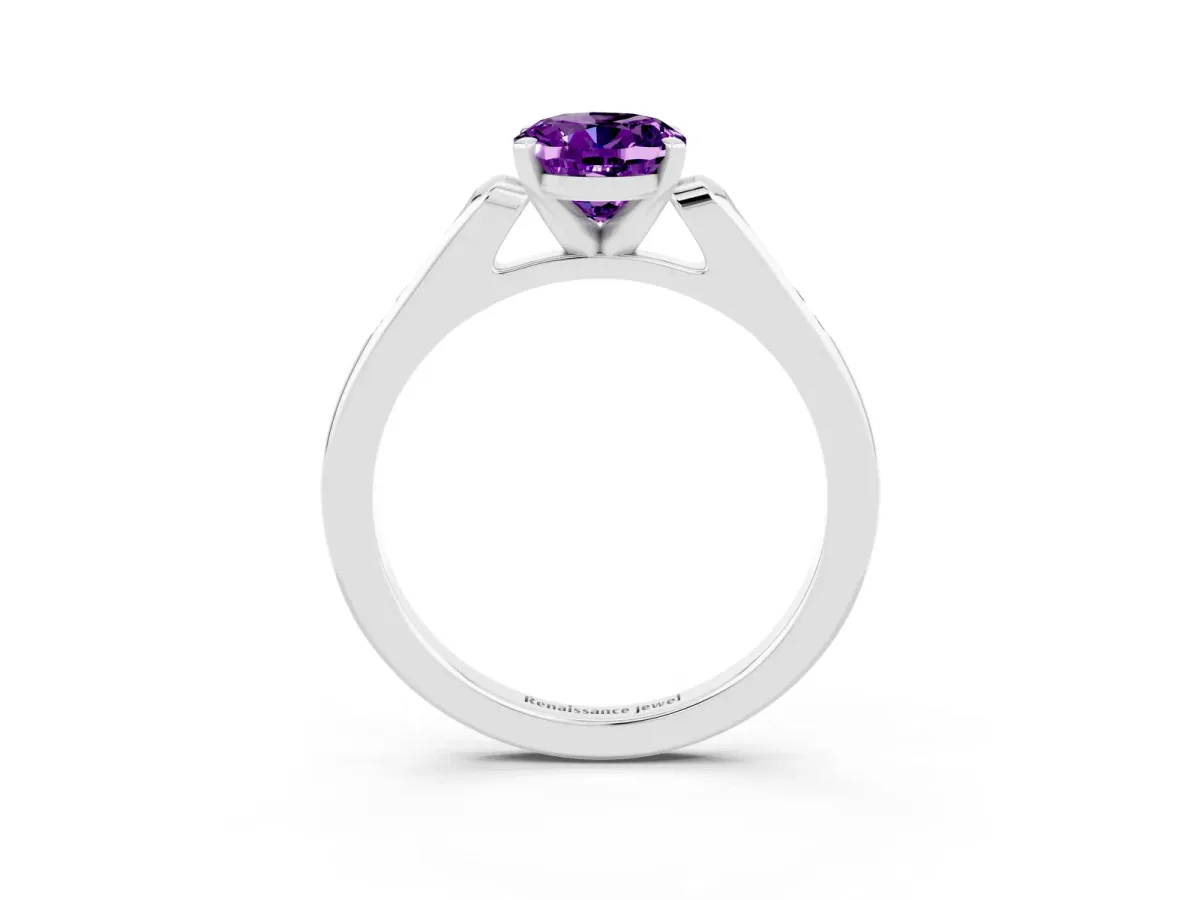 Oval Cut Amethyst Solitaire Ring with Channel Set Round Band and Prong Setting Silver