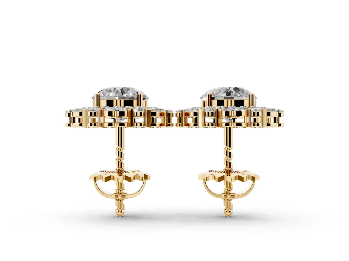 Round Diamond Double Halo Stud Earrings with Prong Setting Yellow gold