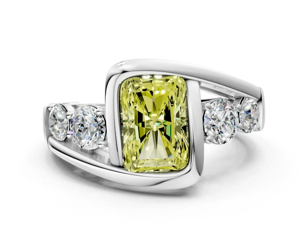 Fancy Yellow Bezel Set Radiant Cut Diamond Bypass Ring with Round Accents Platinum