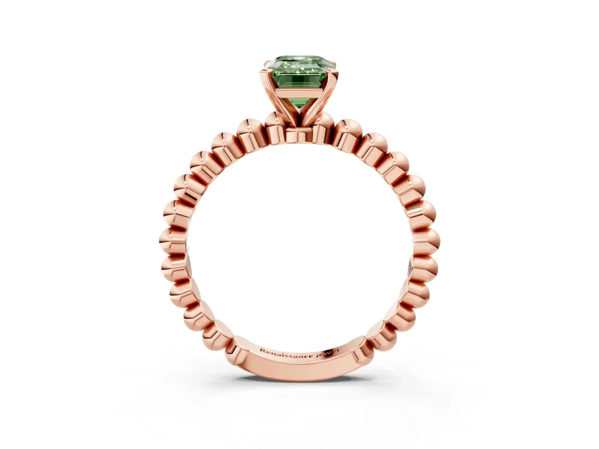 Fancy Green Emerald Cut Diamond Solitaire Ring with Beaded Band and Prong Setting Rose gold