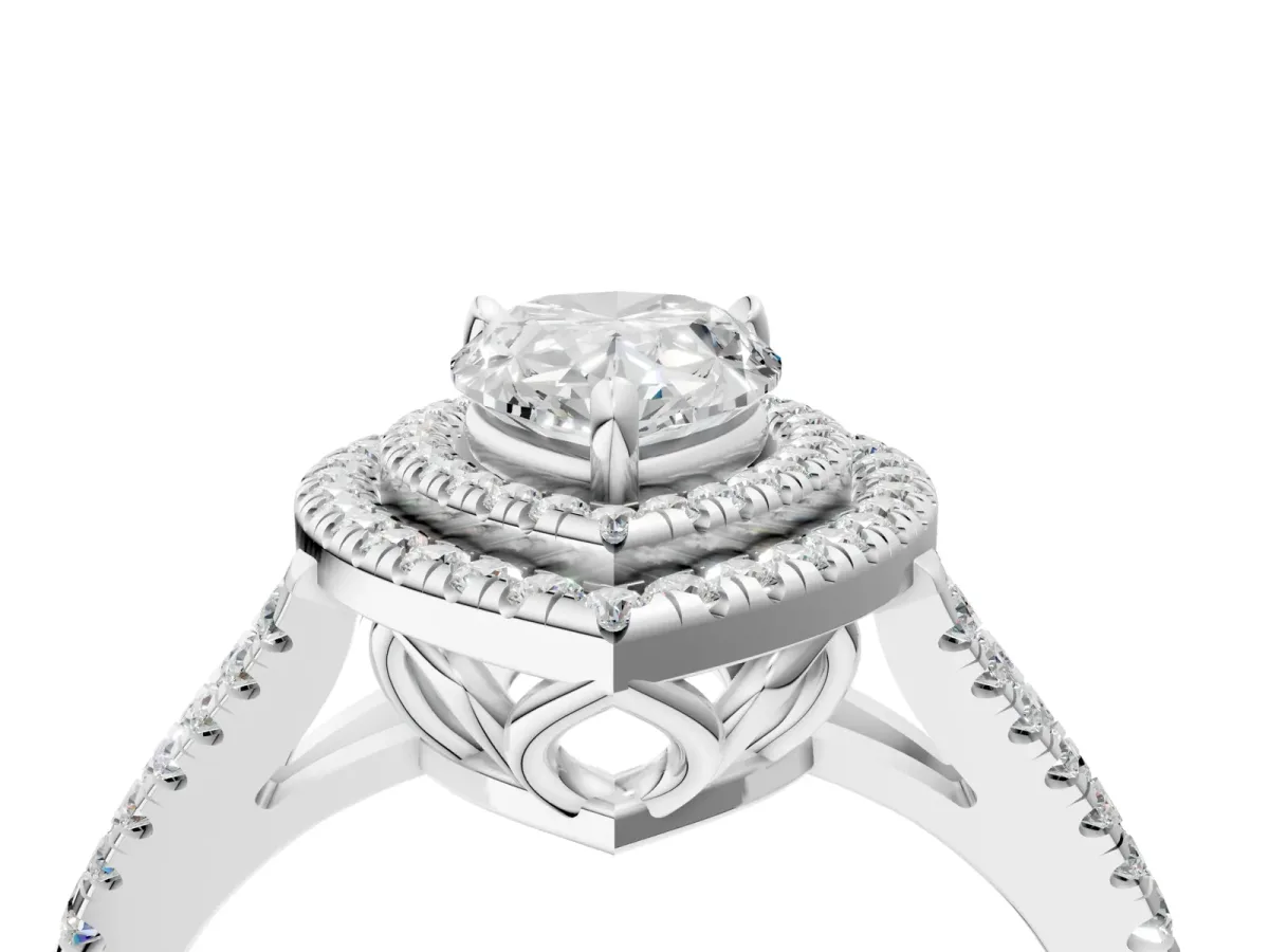 Pear Cut Diamond Double Halo Ring with Pavé Band and Prong Setting Silver