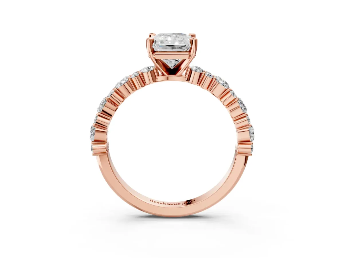Radiant Cut Diamond Side Stone Solitaire Ring with Round and Four-Prong Setting Rose gold