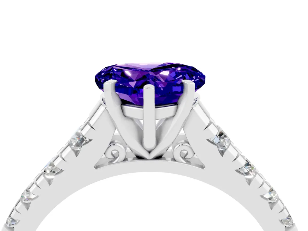 Heart Cut Tanzanite Cathedral Solitaire Ring with Round Pavé Band Silver